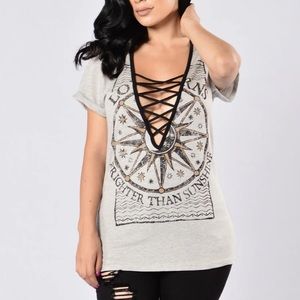 FashionNova Heather Grey Sun & Moon ‘Brighter Than Sunshine’ Graphic Top